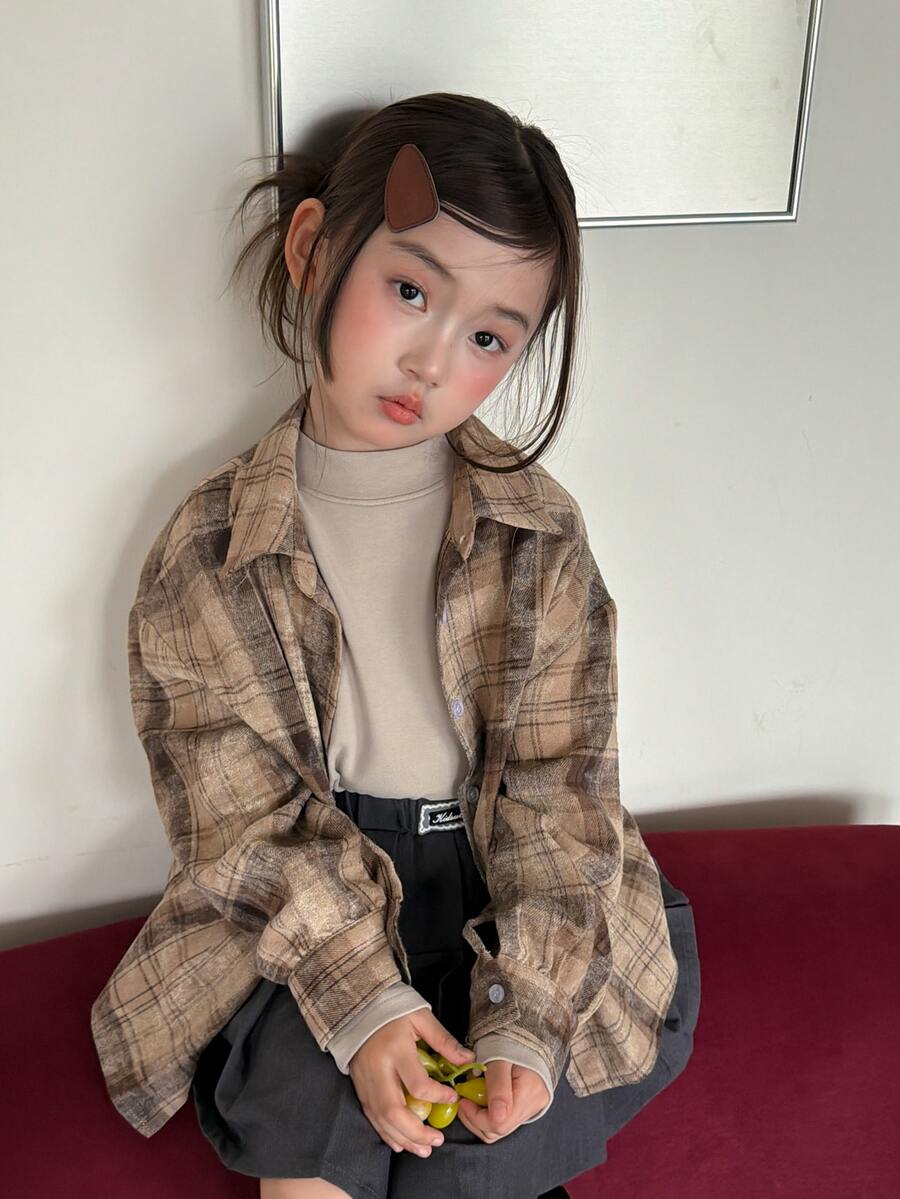 DAZY 青少年女孩格紋長袖單排扣休閒襯衫 - 咖啡棕 - 查看 1