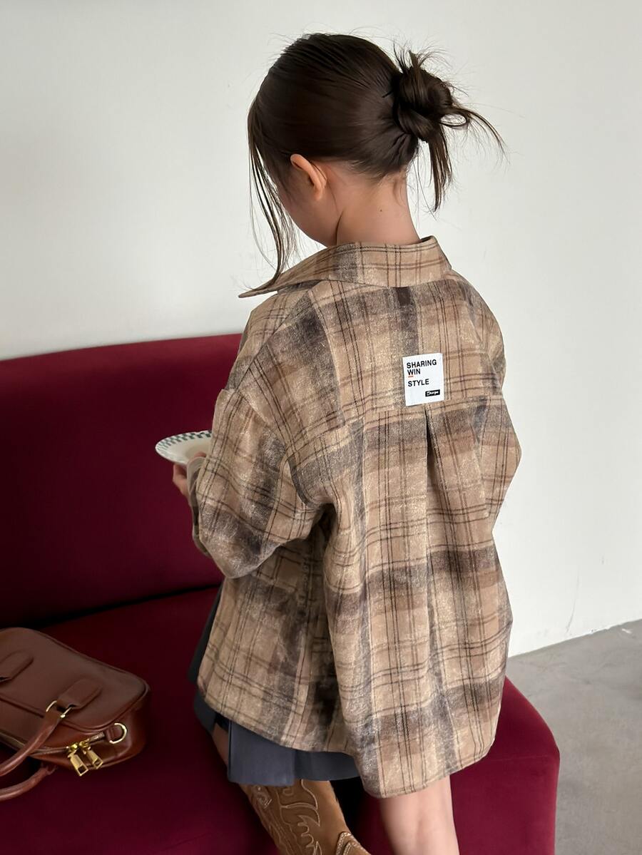 DAZY Tween Girl Plaid Long Sleeve Single-Breasted Casual Shirt - Coffee Brown - View 1
