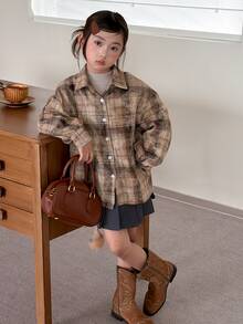 DAZY Tween Girl Plaid Long Sleeve Single-Breasted Casual Shirt - Coffee Brown - View 8