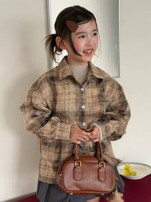 DAZY Tween Girl Plaid Long Sleeve Single-Breasted Casual Shirt - Coffee Brown - View 6