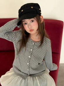 DAZY Tween Girl) Round Neck Polka Dot Cardigan Long Sleeve Autumn Inner Layer Top T-Shirt - Grey - View 7