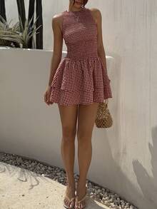 Sunnyshic Blue Plaid Sleeveless Bodycon Mini Dress, Sweet French Style For Vacation, Spring/Summer - Multicolor - View 5
