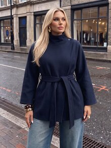 Auralis Plus Size Women's Solid Color Dropped Shoulder Long Sleeve Stand Collar Casual Wool Blend Jacket Office Autumn Winter - Navy Blue - View 9