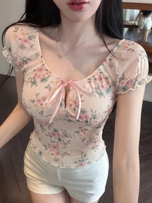 Joudiya Women's Casual Tie-Front Hollow Floral Petal Sleeve T-Shirt, Slim Fit Short Sleeve Top, Spring & Summer Graphic Tee - Pink - View 6
