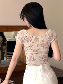 Joudiya Women's Casual Tie-Front Hollow Floral Petal Sleeve T-Shirt, Slim Fit Short Sleeve Top, Spring & Summer Graphic Tee - Pink - View 3
