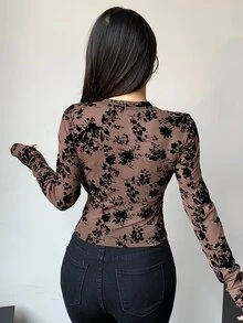 DAZY Women's Full Floral Print Mesh Long Sleeve Top Going Out Tops Sheer,Fall Women Clothes - Brown - View 5
