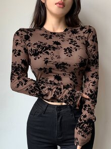 DAZY Women's Full Floral Print Mesh Long Sleeve Top Going Out Tops Sheer,Fall Women Clothes - Brown - View 4