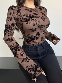 DAZY Women's Full Floral Print Mesh Long Sleeve Top Going Out Tops Sheer,Fall Women Clothes - Brown - View 6
