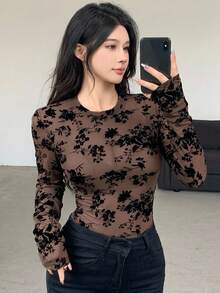 DAZY Women's Full Floral Print Mesh Long Sleeve Top Going Out Tops Sheer,Fall Women Clothes - Brown - View 1
