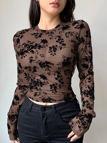 DAZY Women's Full Floral Print Mesh Long Sleeve Top Going Out Tops Sheer,Fall Women Clothes - Brown - View 3