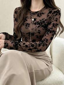 DAZY Women's Full Floral Print Mesh Long Sleeve Top Going Out Tops Sheer,Fall Women Clothes - Brown - View 8