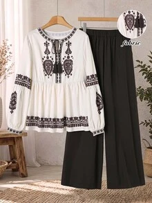Rusticease Setup Autumn Winter Women Floral Pattern Tassel Tie Collar Blouse And Wide Leg Pants Set Formal Office Going Out Brown Autumn Casual Baggy Granny - Multicolor - View 1
