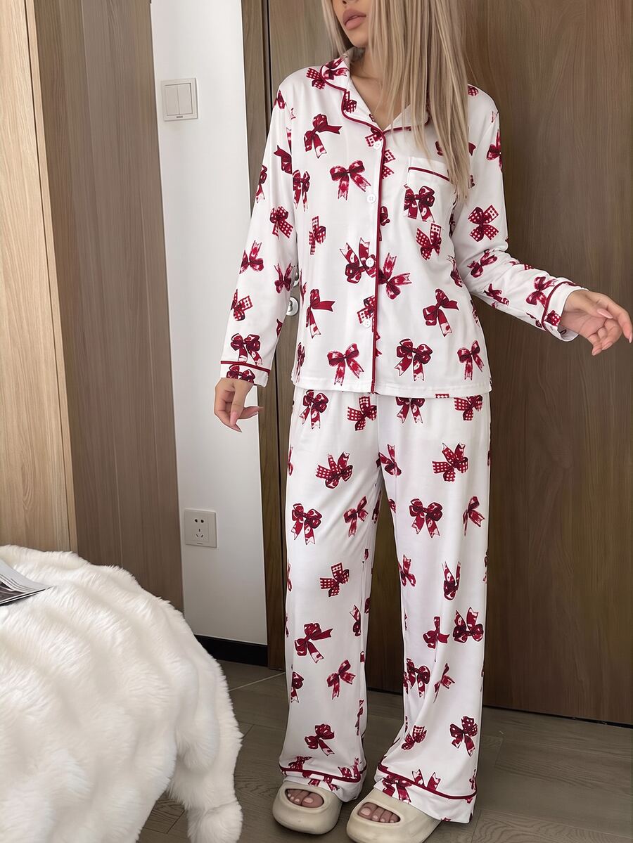 Tween Girl Bow Print Long Sleeve Single-Breasted Top And Pants Loungewear Set Autumn/Winter - Pink - View 1