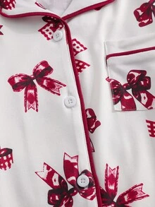 Tween Girl Bow Print Long Sleeve Single-Breasted Top And Pants Loungewear Set Autumn/Winter - Pink - View 7