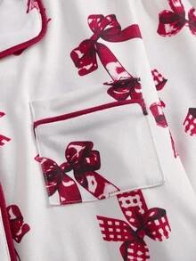 Tween Girl Bow Print Long Sleeve Single-Breasted Top And Pants Loungewear Set Autumn/Winter - Pink - View 5