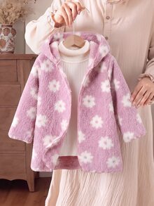 SHEIN 女童花卉連帽寬鬆中長版珊瑚絨毛絨開襟外套，適合秋冬穿著 - 粉色 - 查看 3