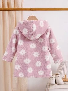 SHEIN 女童花卉連帽寬鬆中長版珊瑚絨毛絨開襟外套，適合秋冬穿著 - 粉色 - 查看 2