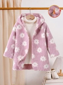 SHEIN 女童花卉連帽寬鬆中長版珊瑚絨毛絨開襟外套，適合秋冬穿著 - 粉色 - 查看 4