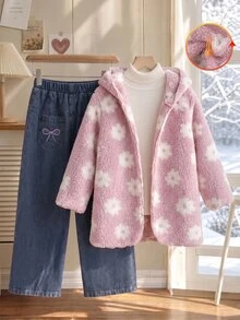 SHEIN 女童花卉連帽寬鬆中長版珊瑚絨毛絨開襟外套，適合秋冬穿著 - 粉色 - 查看 8