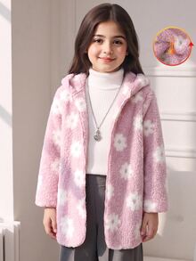 SHEIN 女童花卉連帽寬鬆中長版珊瑚絨毛絨開襟外套，適合秋冬穿著 - 粉色 - 查看 7