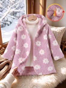 SHEIN 女童花卉連帽寬鬆中長版珊瑚絨毛絨開襟外套，適合秋冬穿著 - 粉色 - 查看 6