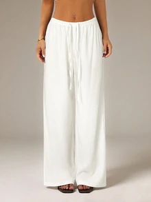SHEIN PETITE Women's Solid Color Tie Waist Wide Leg Loose Casual Versatile Pants - White - View 4