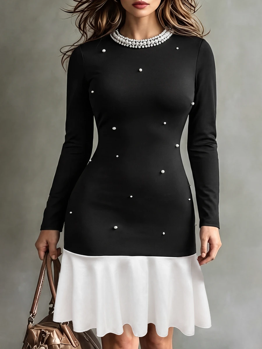 GlowEve CURVE Plus Size Women's Spring/Autumn Thin Solid Color Black & White Contrast Design Minimalist Fashion Round Neck Long Sleeve Fitted Bodycon Fishtail Knee-Length Dress, Suitable For Party, Shopping, Commuting, Daily Wear - Black and White - View 1