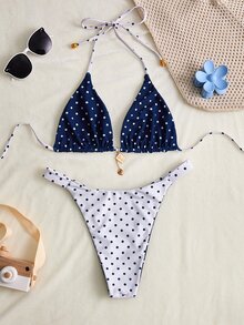 SHEIN Swim Women's Summer New Seaside Vacation Fashion Sweet Cute Contrast Polka Dot Print Reversible Halter Tie Back Sexy Bikini Set Set - Multicolor - View 6