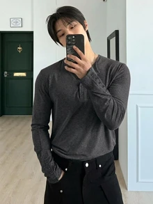 DAZY 春秋款圓領半開扣深灰色長袖男士T恤 - 深灰色 - 查看 5