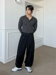 DAZY 春秋款圓領半開扣深灰色長袖男士T恤 - 深灰色 - 查看 6
