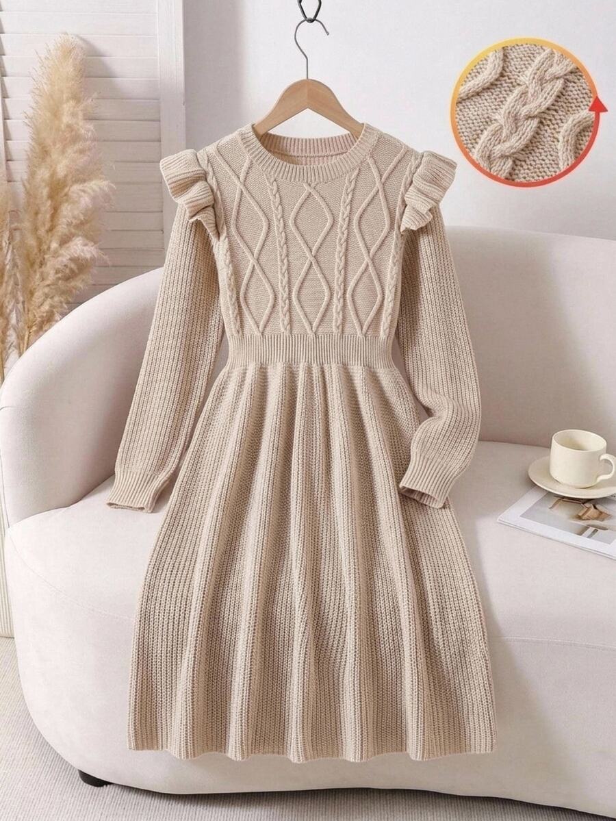 SHEIN Tween Girl Casual Sweet Elegant Ruffle Twist Textured Knit Midi Dress Autumn/Winter Khaki/Light Beige - Khaki - View 1