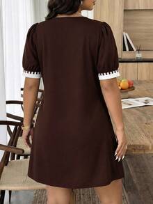 Weeklong Plus Size Women's Spring/Summer Graphic Print Colorblock Waist-Cinching Casual Vacation Dress - Brown - View 4
