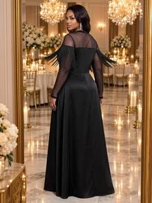 Fleurora Plus Size Women's Mesh Patchwork Tassel Design Casual Party Dress - Black - View 2