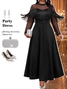 Fleurora Plus Size Women's Mesh Patchwork Tassel Design Casual Party Dress - Black - View 5