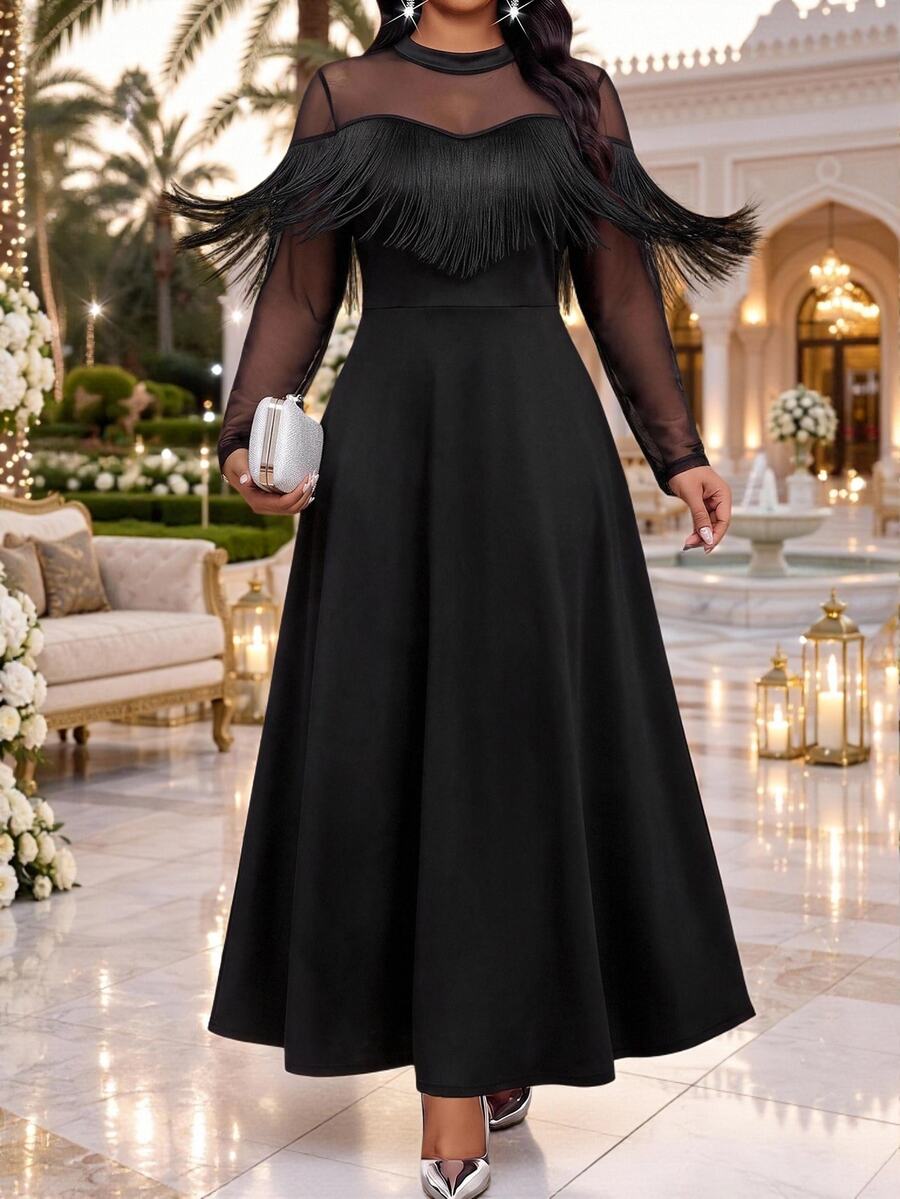 Fleurora Plus Size Women's Mesh Patchwork Tassel Design Casual Party Dress - Black - View 1
