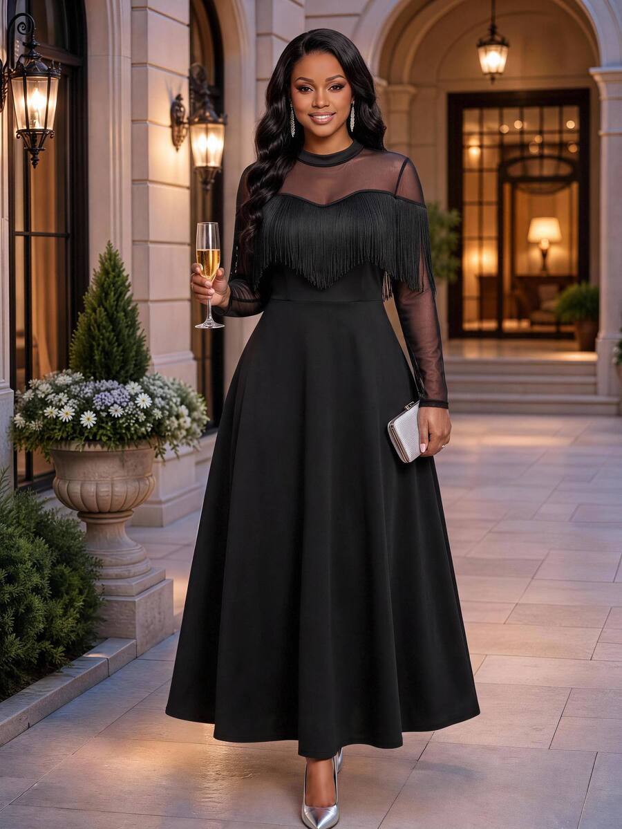 Fleurora Plus Size Women's Mesh Patchwork Tassel Design Casual Party Dress - Black - View 1