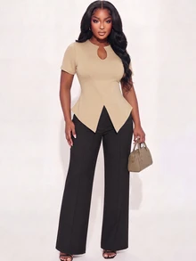 Poshavie Poshavie Plus Size Women's Elegant Relaxed Sophisticated T-Shirt, Cutout Neckline Design, Short Sleeve With Side Slits, Slimming And Flattering, Suitable For Daily Commute, Date, Afternoon Tea, Versatile Everyday Top - Khaki - View 3