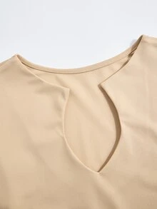 Poshavie Poshavie Plus Size Women's Elegant Relaxed Sophisticated T-Shirt, Cutout Neckline Design, Short Sleeve With Side Slits, Slimming And Flattering, Suitable For Daily Commute, Date, Afternoon Tea, Versatile Everyday Top - Khaki - View 5