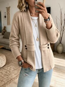 Louniche Women's Elegant Casual Intellectual V-Neck Symmetrical Cinched Waist Cinched Knit Cardigan Brunch Office Khaki Autumn Winter Festival Modern Vintage - Khaki - View 9