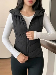 DAZY 女款秋冬修身腰部拼接加厚外套 - 黑色 - 查看 4