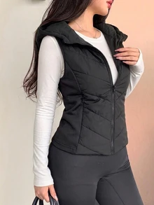 DAZY 女款秋冬修身腰部拼接加厚外套 - 黑色 - 查看 1
