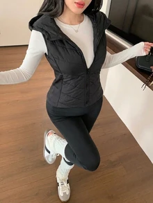 DAZY 女款秋冬修身腰部拼接加厚外套 - 黑色 - 查看 5