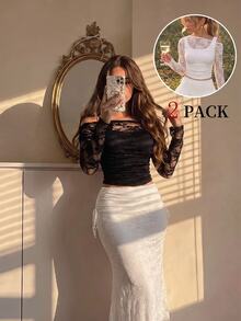 SHEIN MOD Paket 2 Buah Kaos Wanita Kerah Asimetris Berenda 2 in 1 - Hitam dan Putih - View 1