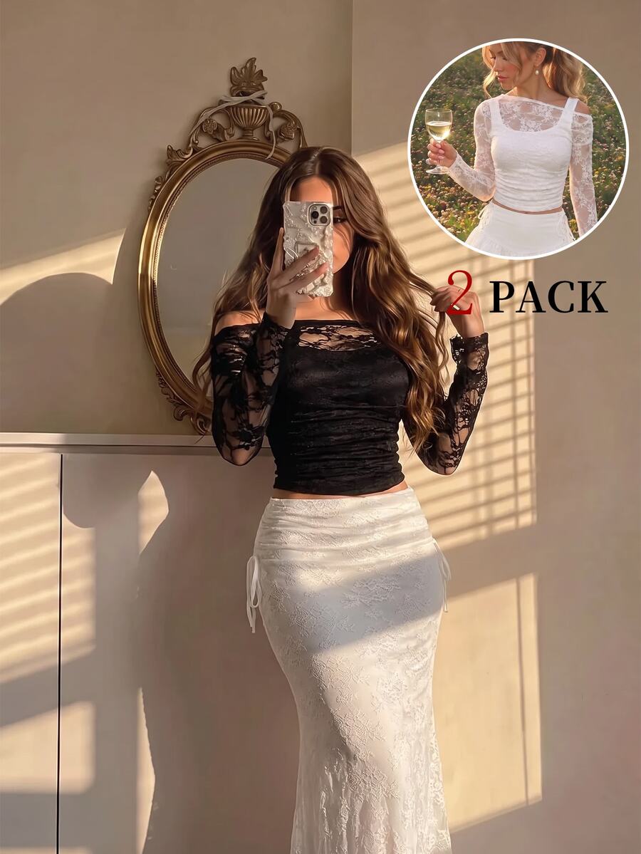 SHEIN MOD Paket 2 Buah Kaos Wanita Kerah Asimetris Berenda 2 in 1 - Hitam dan Putih - View 1