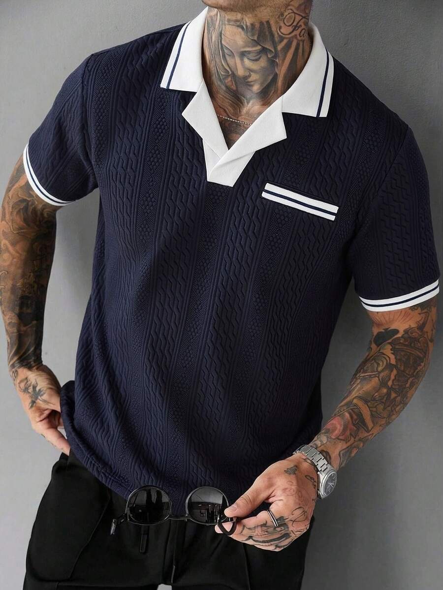 SLATEMANN Men's Summer Casual Colorblock Patchwork Polo Shirt Vacation Navy - Navy Blue - View 1