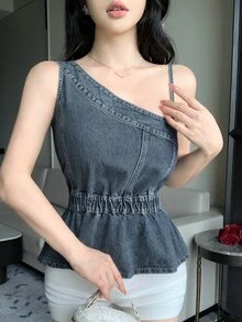 Joudiya Women's Summer Asymmetric Neck Sleeveless Waist-Cinching Ruffle Hem Distressed Washed Denim Top - Blue - View 5