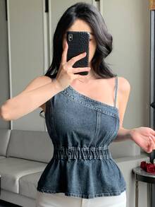 Joudiya Women's Summer Asymmetric Neck Sleeveless Waist-Cinching Ruffle Hem Distressed Washed Denim Top - Blue - View 1
