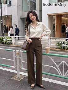 SHEIN MOD High Waist Dark Brown Straight Leg Pants Business Office Autumn Casual Elegant - Coffee Brown - View 1