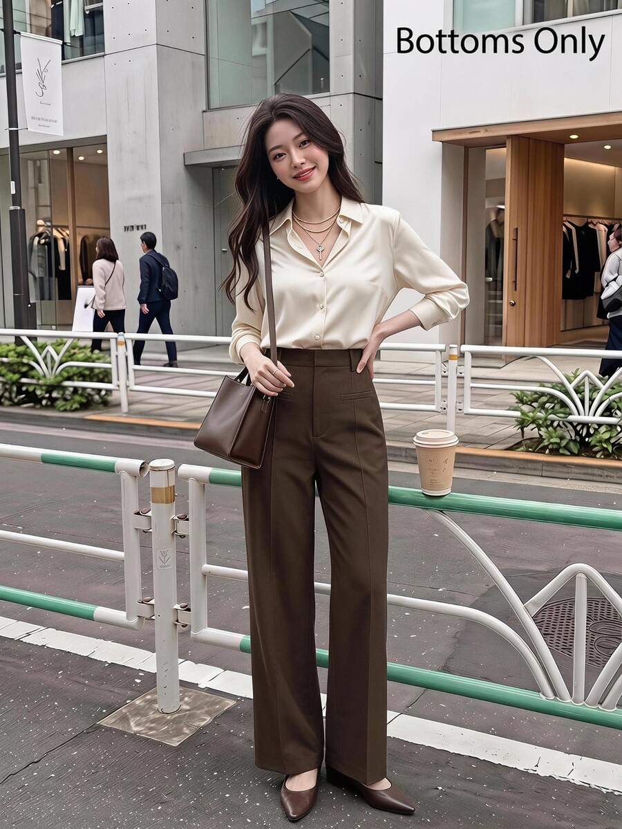 SHEIN MOD High Waist Dark Brown Straight Leg Pants Business Office Autumn Casual Elegant - Coffee Brown - View 1