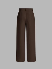 SHEIN MOD High Waist Dark Brown Straight Leg Pants Business Office Autumn Casual Elegant - Coffee Brown - View 2